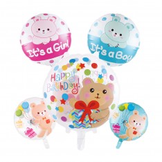 Bear birthday balloon transparent round (17 inch)