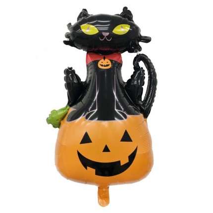 Halloween Black Cat Sit On Pumpkin Foil Balloon 60x85cm