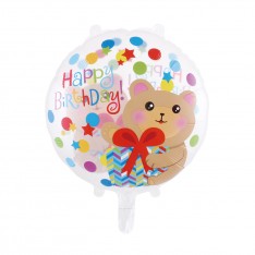 Bear birthday balloon transparent round (17 inch)